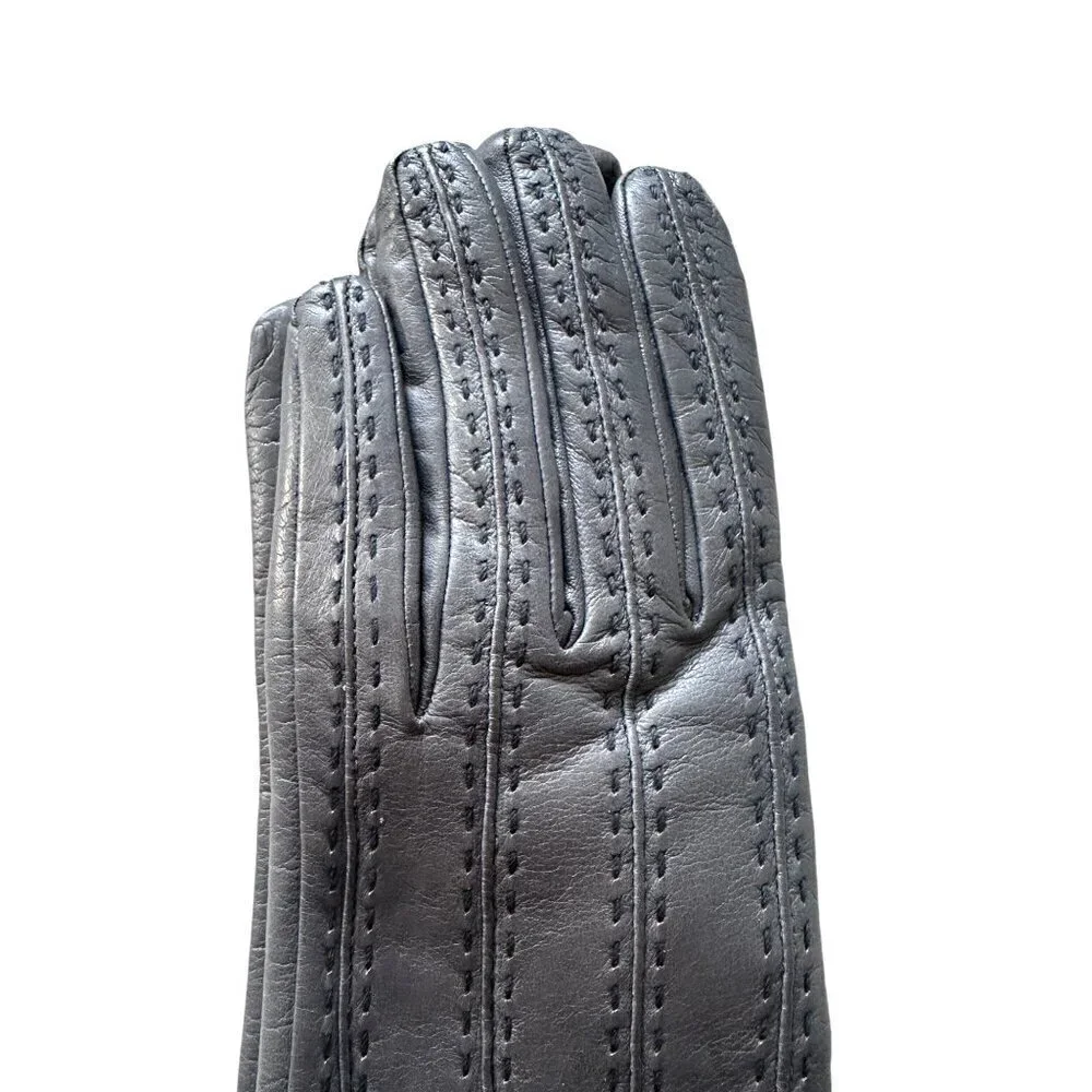 New Sermoneta Kid Leather Cashmere Lined Gloves, Medium‎ Length, Gray, size 7.5